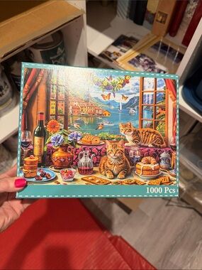Wilson Cats by the Window Puzzle - Turquoise Border, Multicolor Artwork
